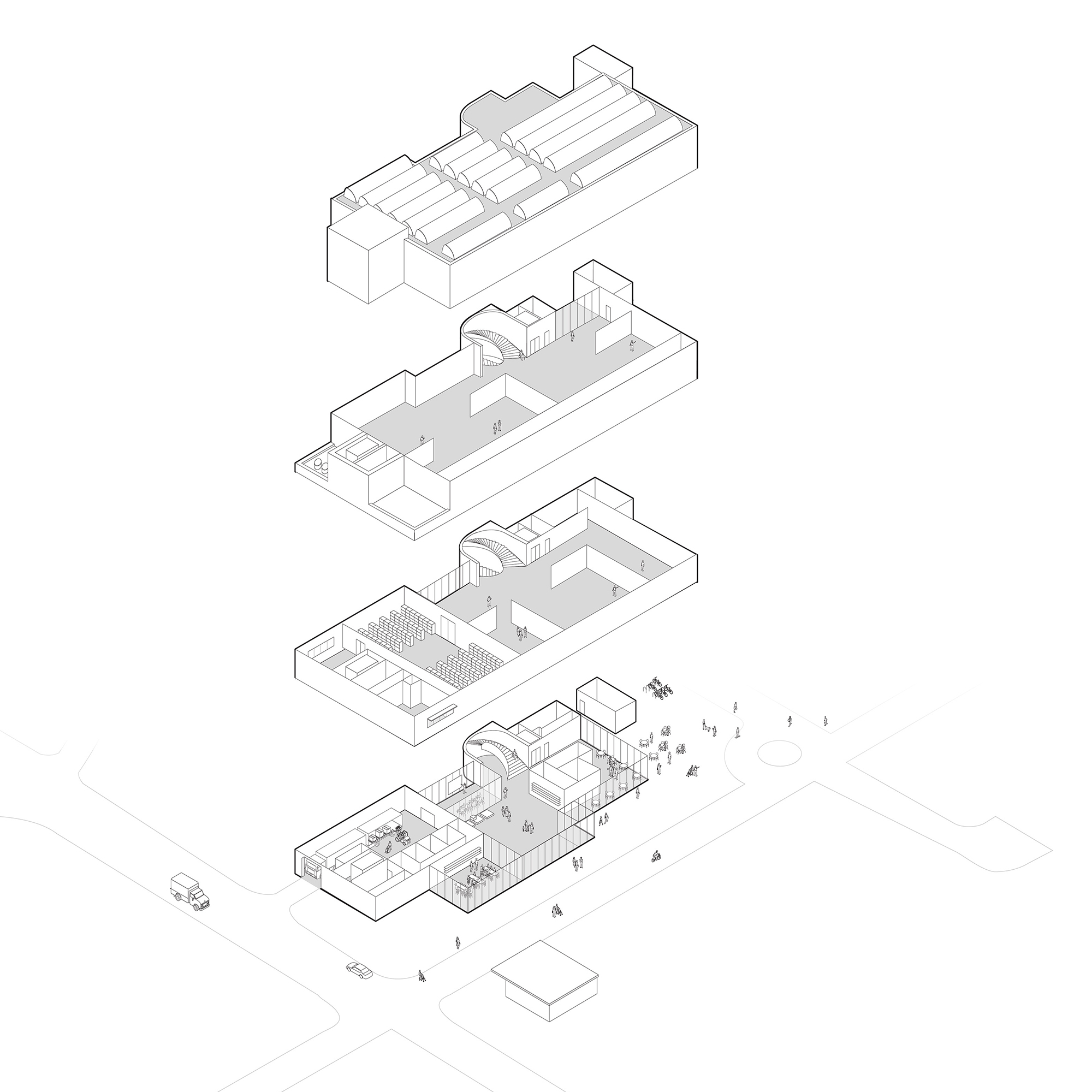 Sara Hilden Art Museum exploded isometric drawing by Kevin Schorn