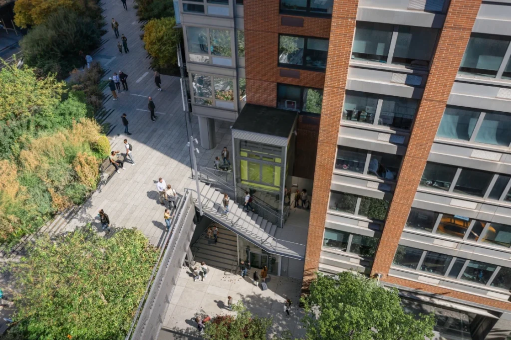 Aerial view of new 16th Street stair and elevator access to The High Line.